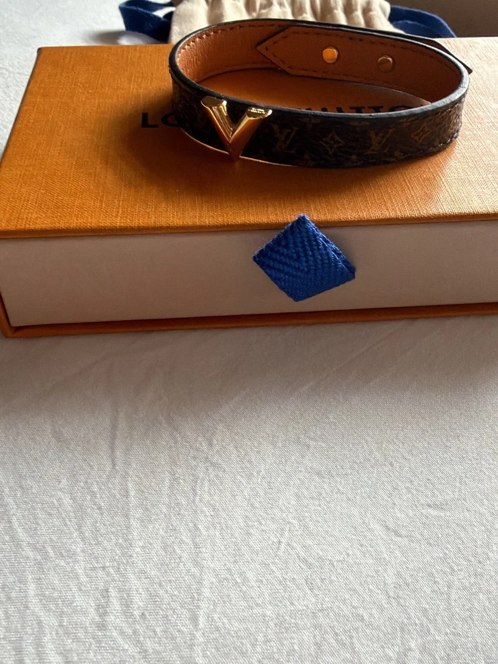 Louis Vuitton Monogram Brown Leather Bracelet with Gold V Accent
